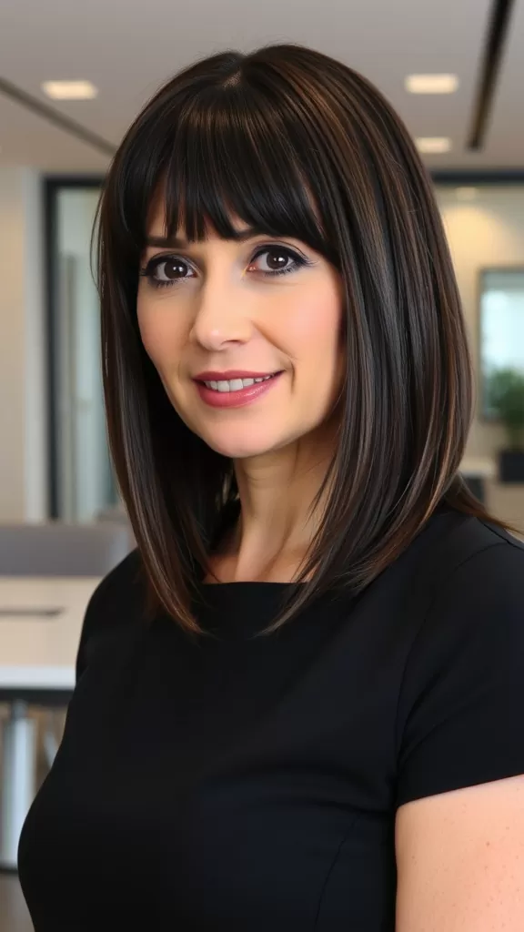 A woman with medium length straight hair in a lob style, featuring razor-cut ends, wearing a black top and smiling.