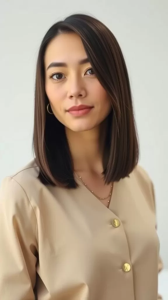 A woman with straight lob hairstyle and side-swept bangs