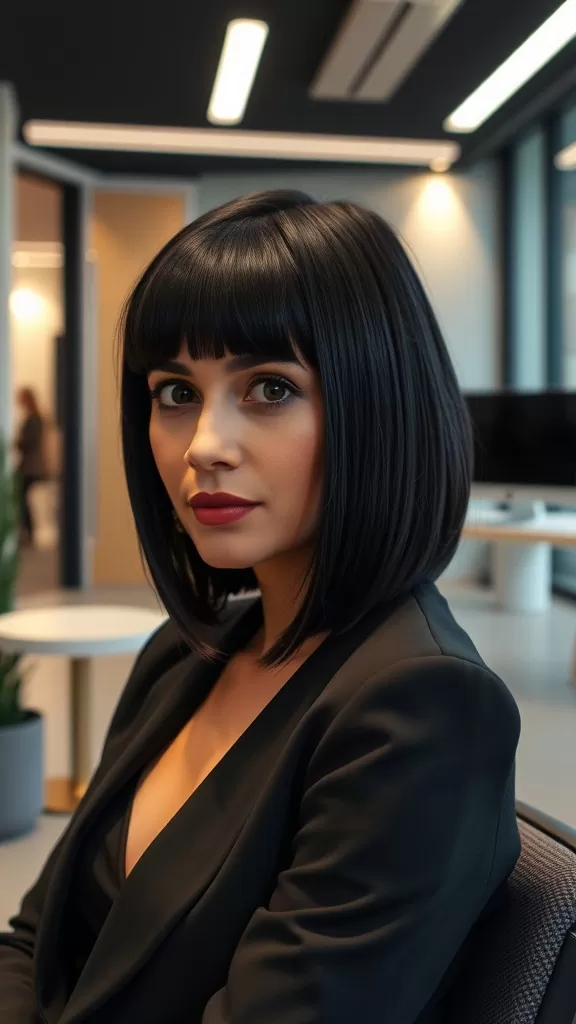 A woman with straight medium-length bob and thin bangs, wearing a stylish outfit in an office setting.