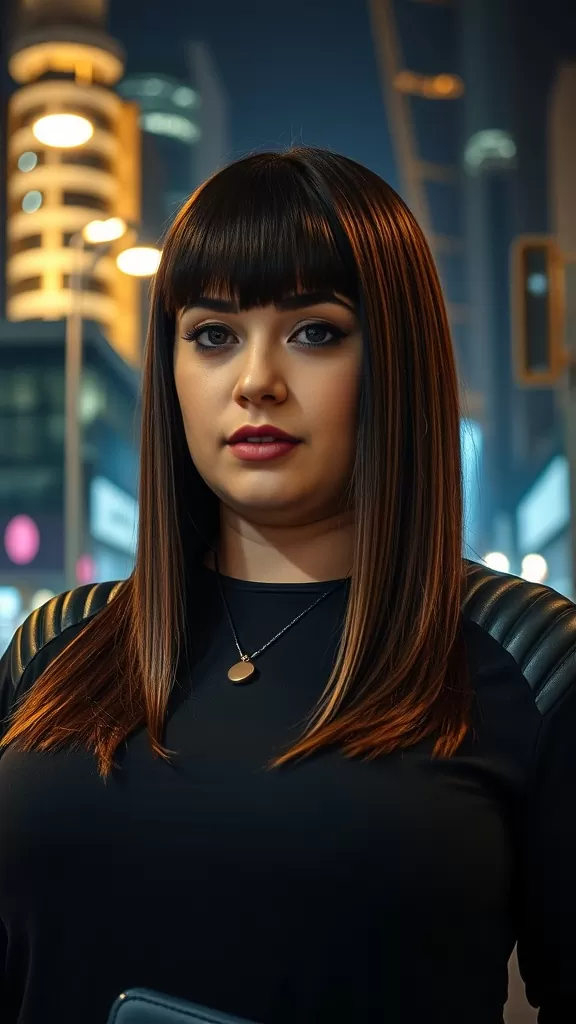 A woman with straight mid-length hair and blunt bangs, dressed in a black top, standing in an urban setting at night.