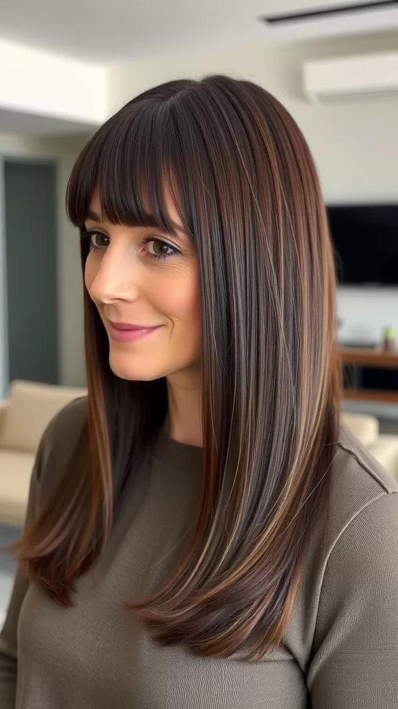 A woman with straight, shoulder-length hair and a center part, showcasing a modern haircut suitable for women over 50.