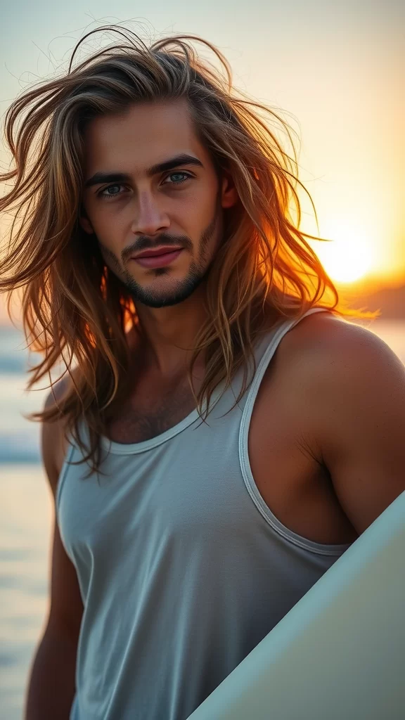 A man with long, flowing hair standing on the beach with a surfboard at sunset