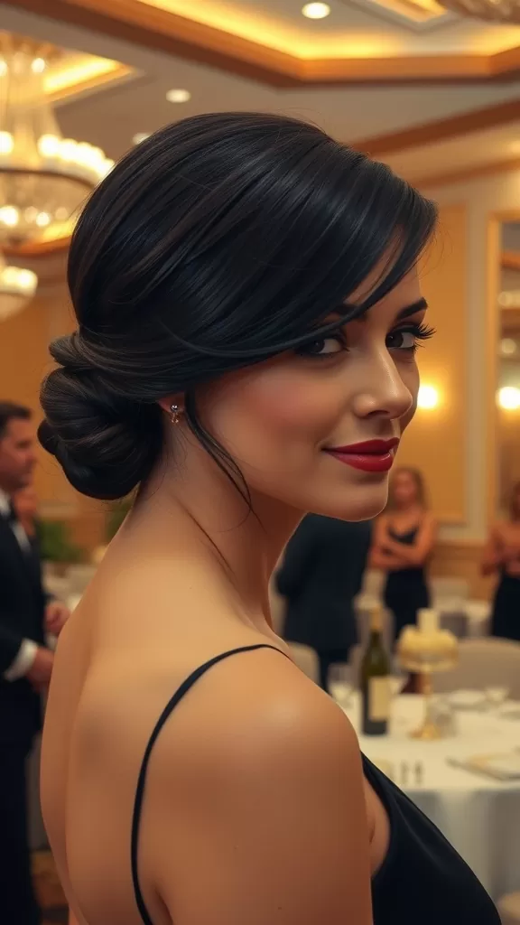A woman with swooped bangs and a low bun, looking elegant at a formal event.