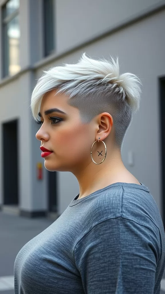 A woman with a tapered buzz cut and design on the sides, wearing hoop earrings and a gray top, showcasing a stylish and modern look.