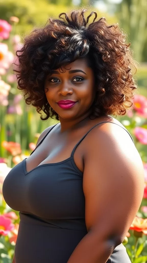A plus-size woman with a tapered haircut featuring voluminous curls, wearing a black tank top with floral embroidery, in a garden setting.