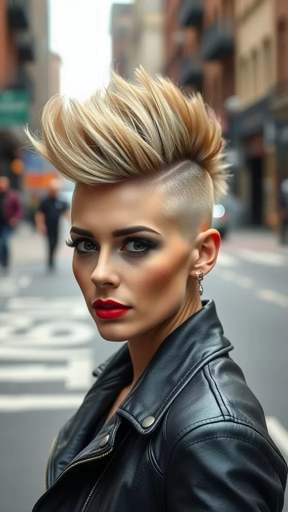 A stylish woman with a tapered faux hawk hairstyle, featuring blonde hair and a leather jacket.