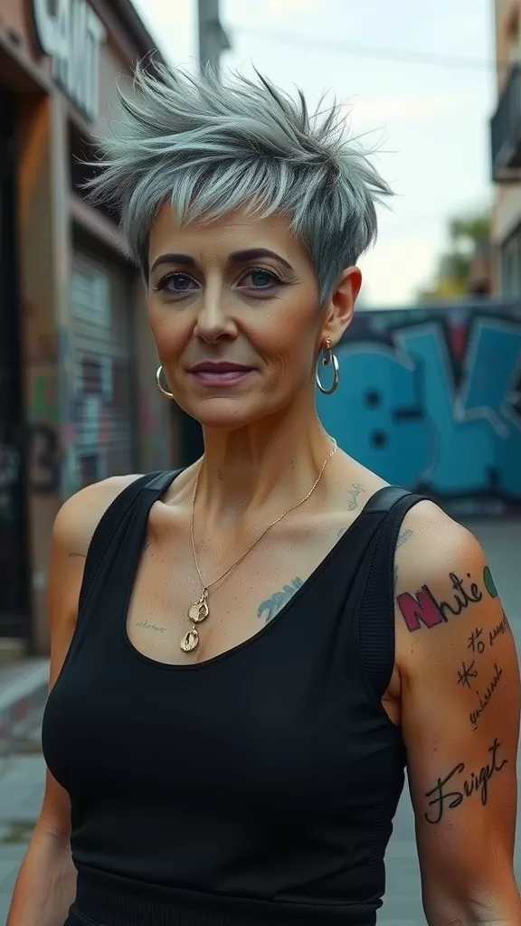 A woman with a tapered pixie haircut featuring an undercut, showcasing silver hair and stylish confidence.