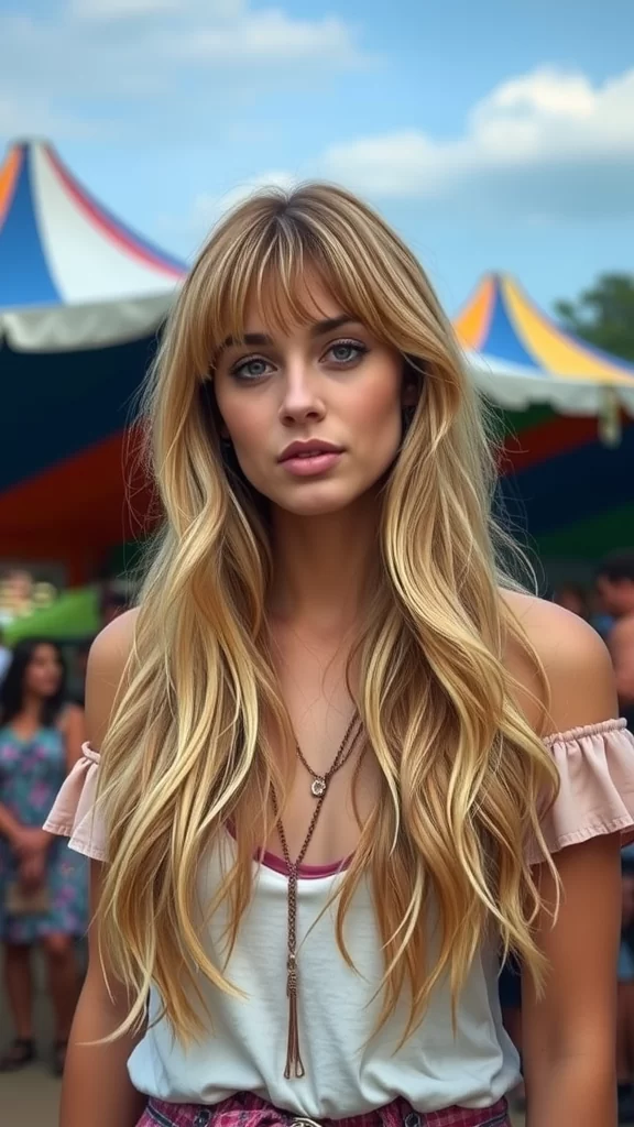 Back view of a woman with long, wavy blonde hair and textured bangs, set against a colorful festival backdrop.