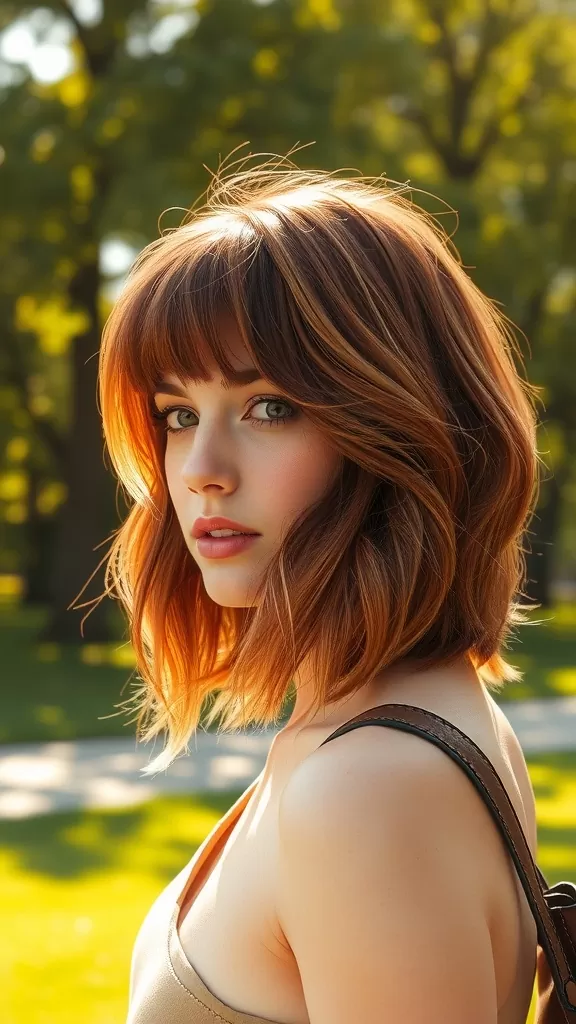 A woman with medium layered hair and textured bangs, smiling outdoors