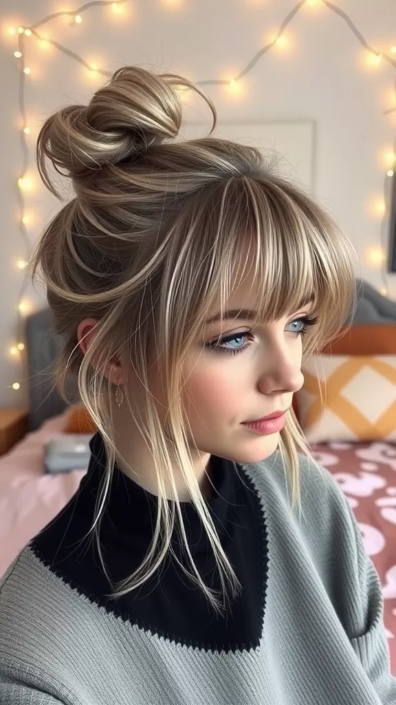 A woman with a messy bun and textured bangs, showcasing a casual yet chic hairstyle.