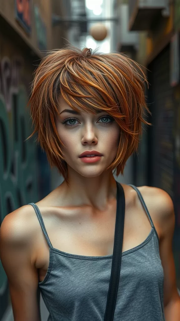 Model with textured bangs and shag haircut, showcasing a vibrant hairstyle in an urban setting.