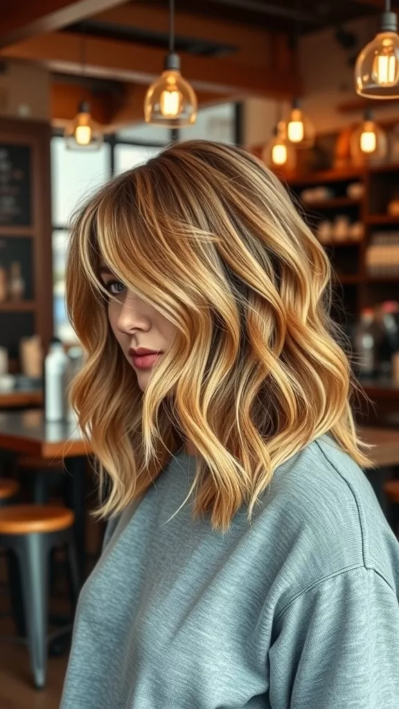 Woman with textured bangs and wavy lob hairstyle in a café setting.
