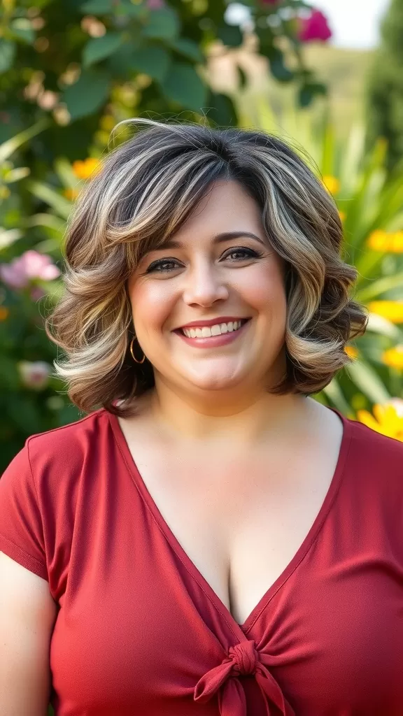 Woman with a textured bob haircut and bangs, smiling in a garden setting