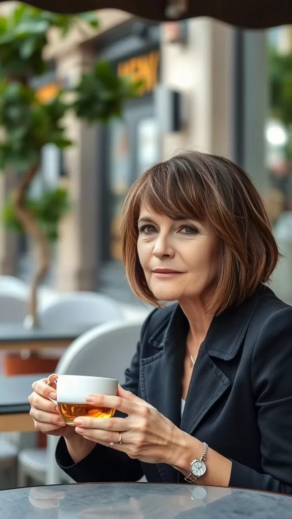 A woman with a textured bob and curtain bangs sitting at a café, holding a cup.