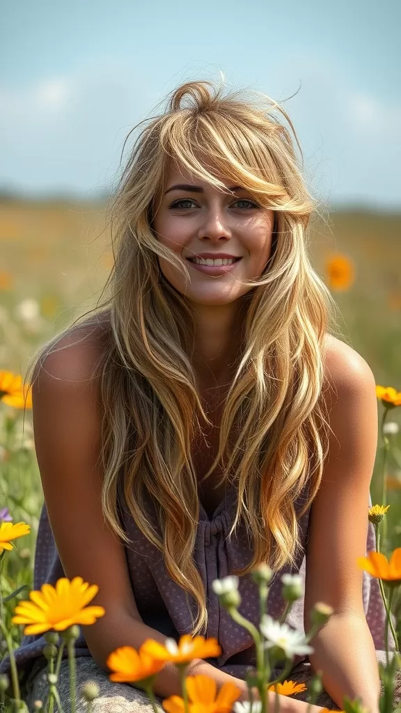 A woman with long shaggy hair smiling amidst a field of flowers, showcasing a textured bohemian shag haircut.