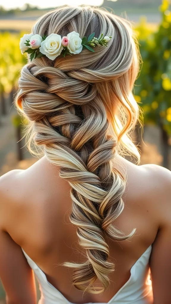A close-up view of a textured braided updo with flowers, ideal for a wedding hairstyle.