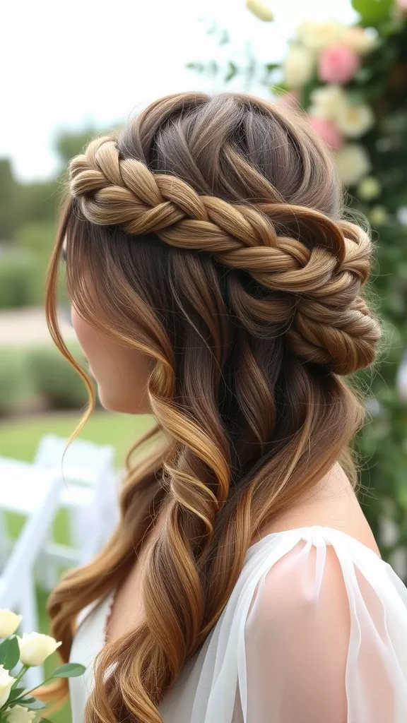 A beautiful bride with a textured bun and braided crown hairstyle, showcasing soft curls and floral accents.