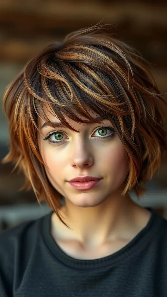 A woman with a textured crop haircut, showcasing soft layers and vibrant colors, ideal for round faces.