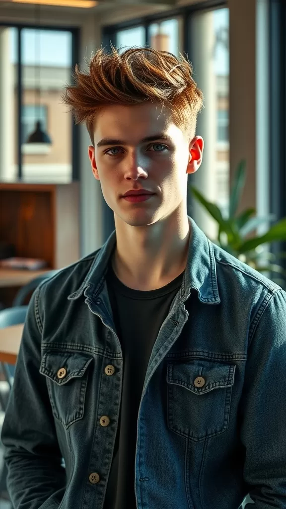 A young man showcasing a stylish textured crop hairstyle in a modern setting.
