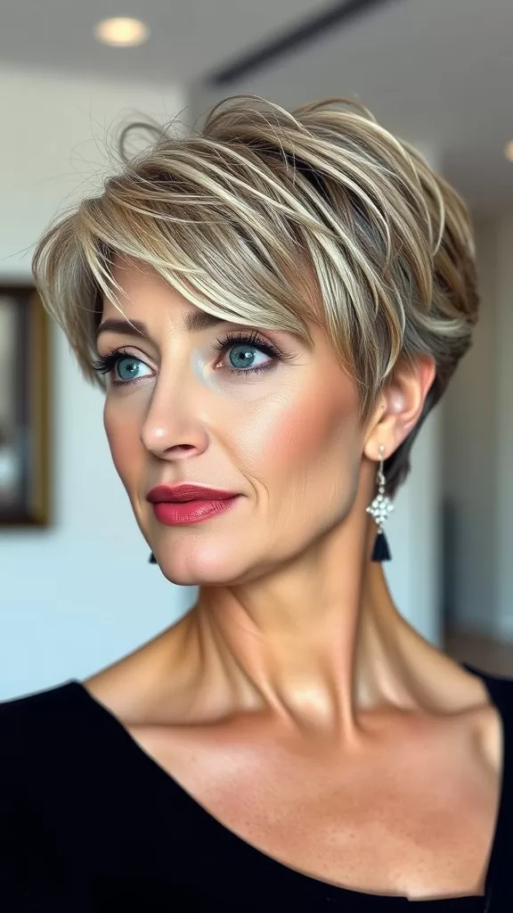 A woman with a textured crop hairstyle, highlighting soft layers and subtle highlights, smiling confidently.