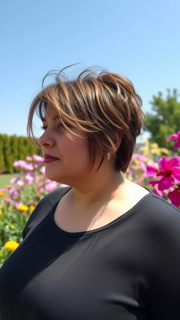 A woman with a textured crop haircut and highlights stands in a flower garden, showcasing a vibrant hairstyle.