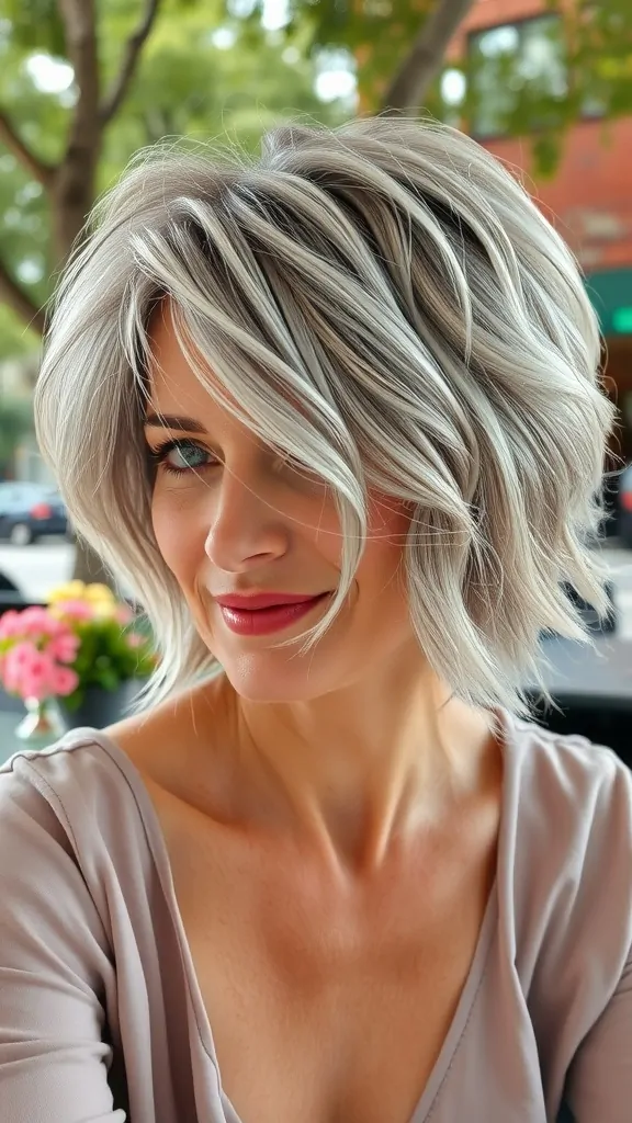 A woman with a textured crop hairstyle featuring subtle waves, showcasing a modern look.