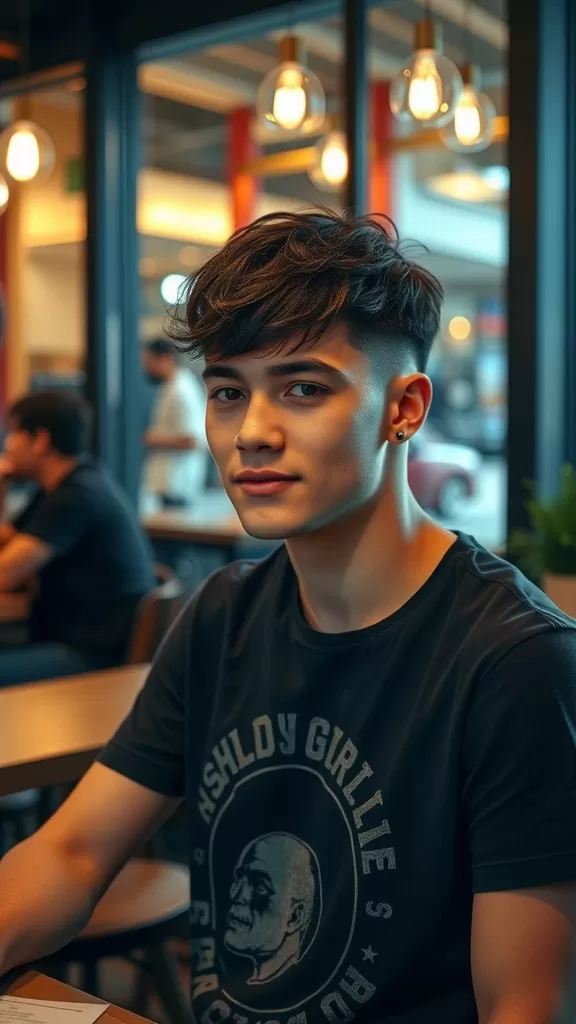 Young man with textured fringe hairstyle and fade, sitting in a cafe.