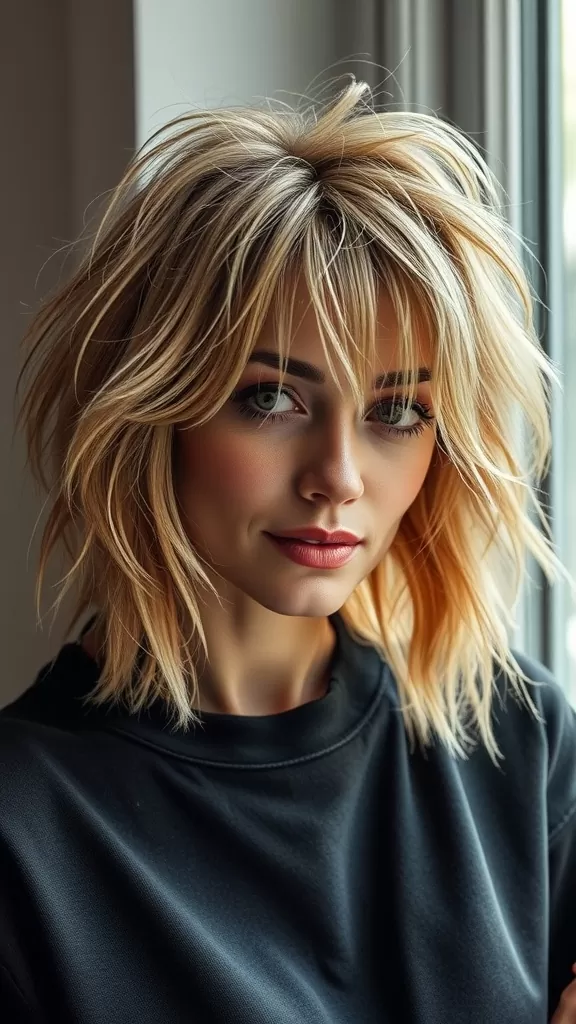 A woman with a textured layered bob haircut, featuring light blonde tousled layers that frame her face.