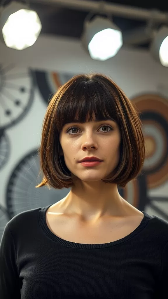 A young woman with a textured lob hairstyle and full blunt bangs