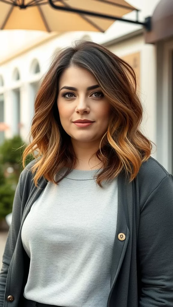 A woman with a textured lob hairstyle and side bangs, wearing a casual outfit.
