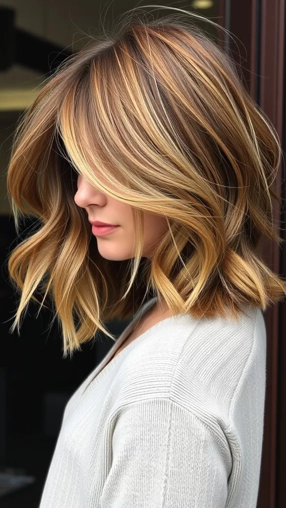 A woman with a textured lob hairstyle styled with a side part, featuring soft waves and highlights.