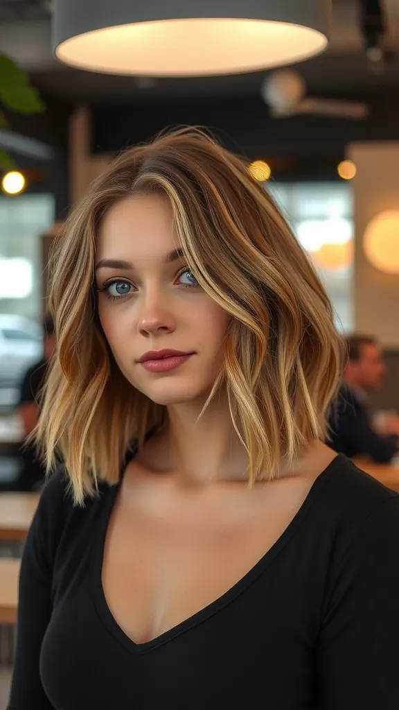 Model with textured lob haircut and wispy bangs, looking stylish in a modern setting.