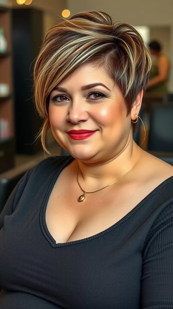 A woman with a textured pixie cut, showcasing a stylish and playful hairstyle.