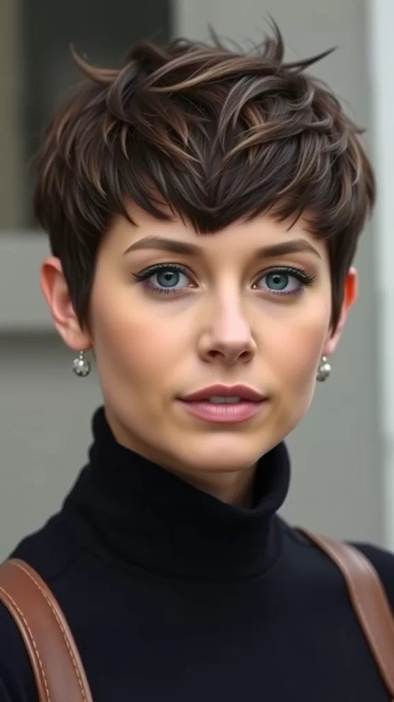 A woman with a textured pixie haircut and bangs, showcasing a stylish look perfect for round faces.