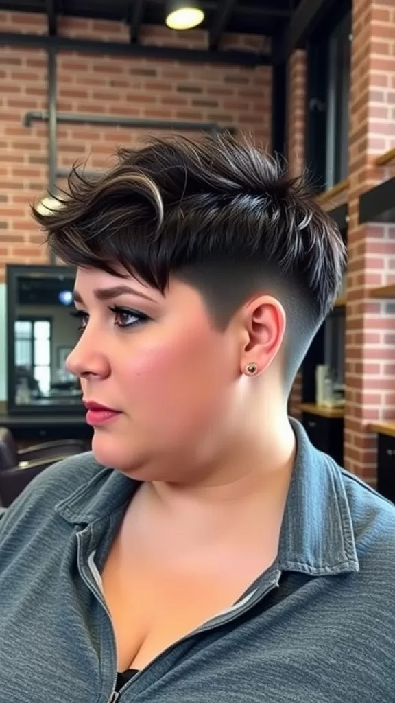 A woman with a textured pixie haircut featuring an undercut, showcasing a stylish and modern look.