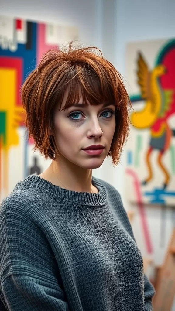 A woman with a textured shag hairstyle and baby bangs, wearing a cozy sweater in an artistic setting.