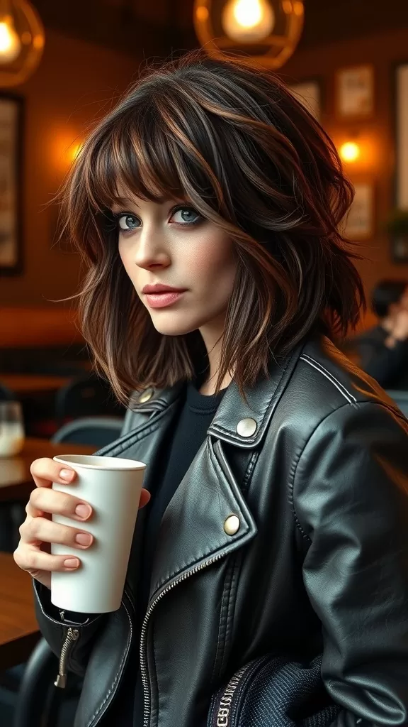 Woman with medium shag hairstyle and curtain bangs holding a coffee in a cozy cafe.