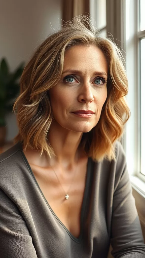 A woman with textured shag haircut and face-framing layers, sitting by a window.