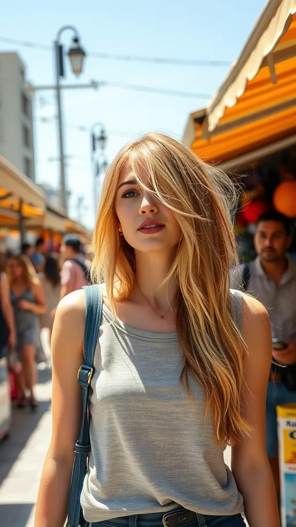 A woman with long shag haircut and highlighted ends walking through a market.