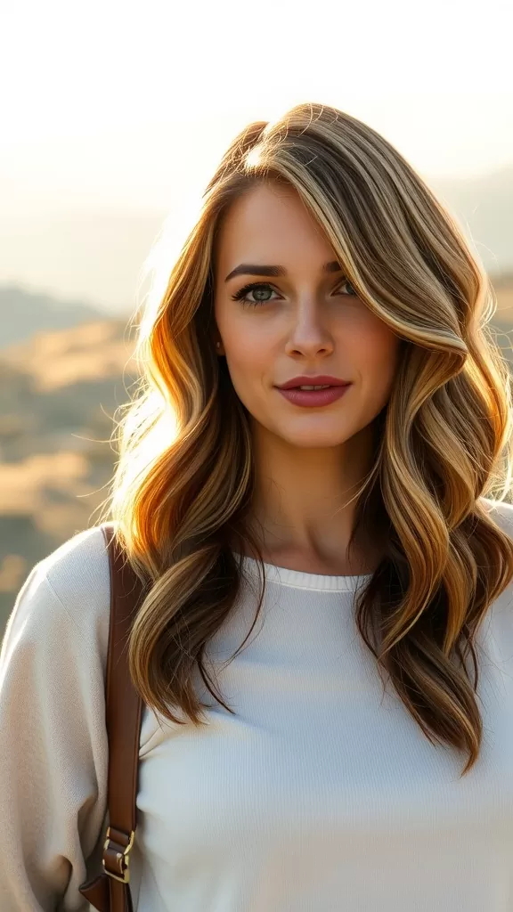 A woman with wavy, textured shag haircut, showcasing subtle highlights and a natural look.