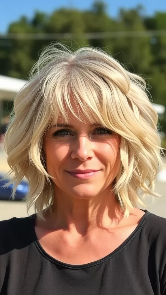 A woman with a textured shaggy bob and beach waves, smiling and looking stylish.