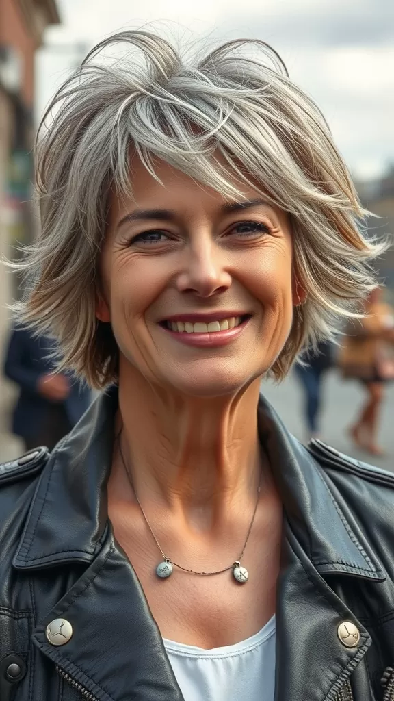 A woman with a textured short crop haircut, wearing a leather jacket, smiling confidently