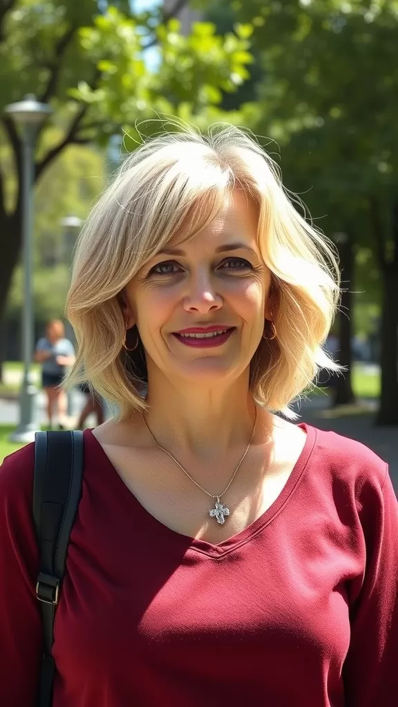 A woman with shoulder-length textured bob hairstyle and highlights, smiling in a park.