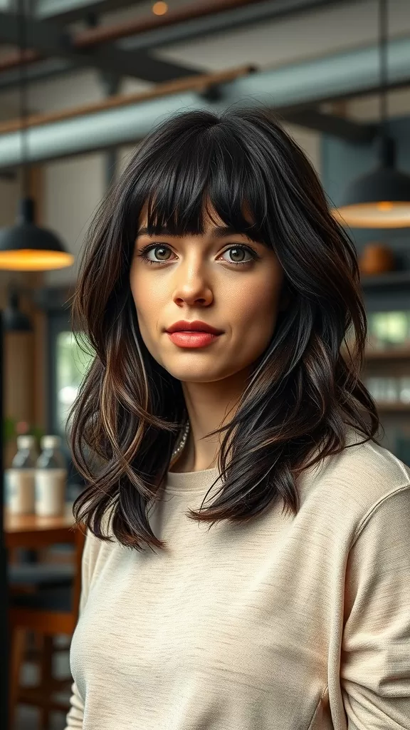 A woman with shoulder-length hair featuring textured layers and fringe bangs, looking stylish in a cozy setting.