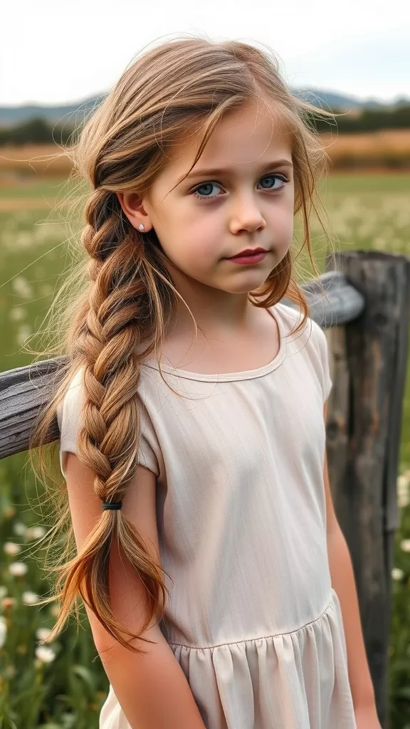 A young girl with a textured side braid, wearing a light dress, standing in a field