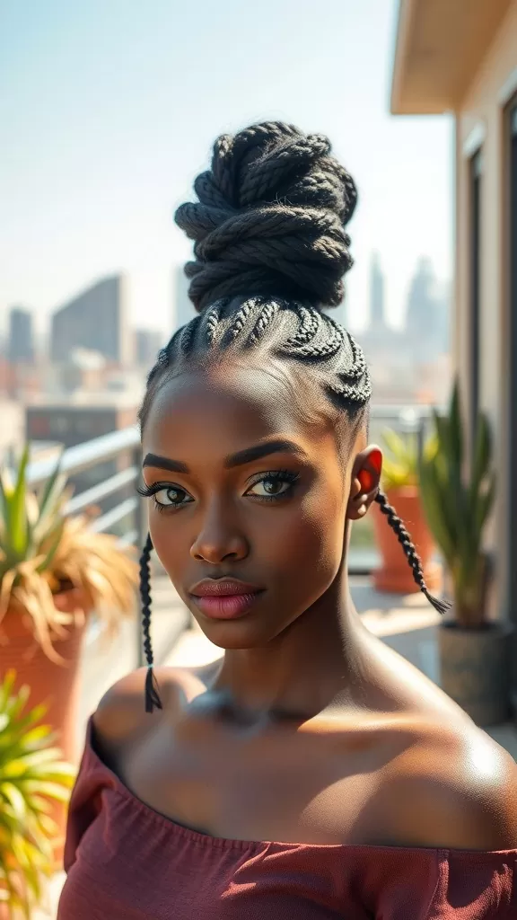 A woman with a top knot hairstyle featuring accent braids on the sides, set against an urban background.