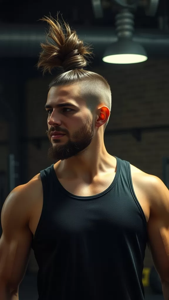 A man with a top knot hairstyle and shaved sides, showcasing a stylish and modern look.