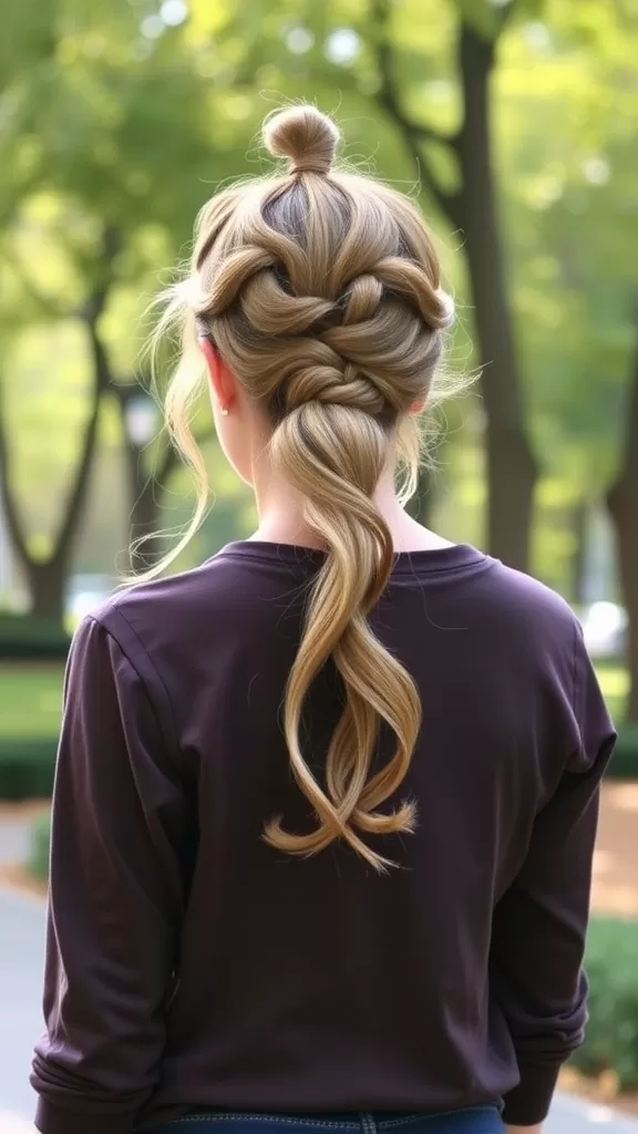 A woman with a stylish topsy tail ponytail hairstyle, featuring loops and waves.