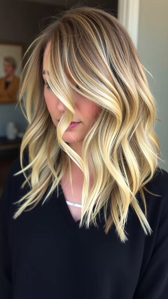 A woman showcasing a tousled lob haircut with highlights, styled to frame her round face beautifully.