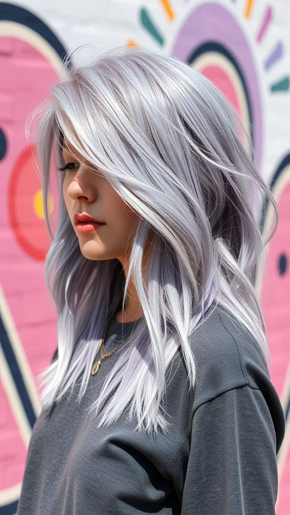 A woman with tousled light pastel hair styled in a lob cut with long side bangs, standing against a colorful mural.